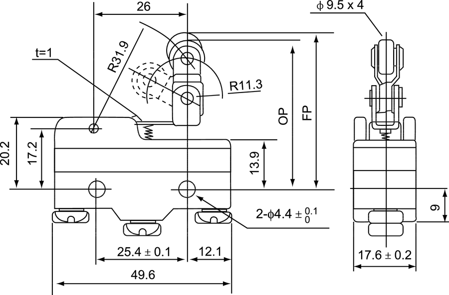 MS\1743 Мини-выключатель ролик и пружина на длинном рычажке - Размеры